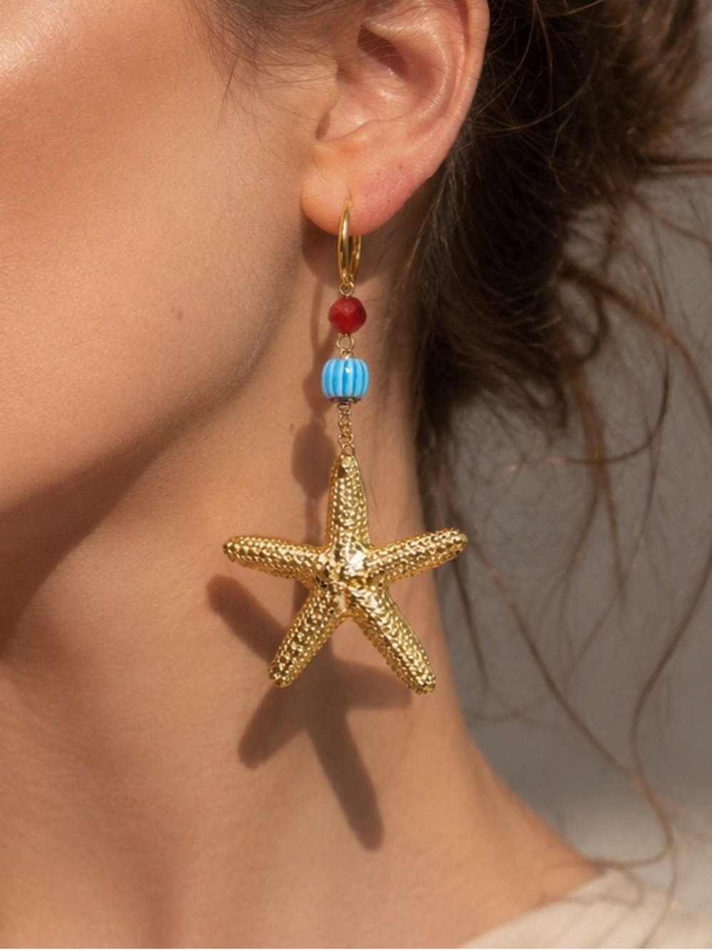 Gold Starfish Drop Earrings with Blue and Red Beads - Women Jewelry